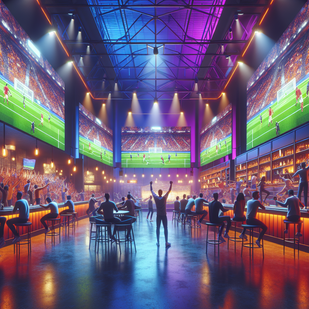 Ambiente animado de sport bar con apuestas deportivas en pantallas y aficionados celebrando.