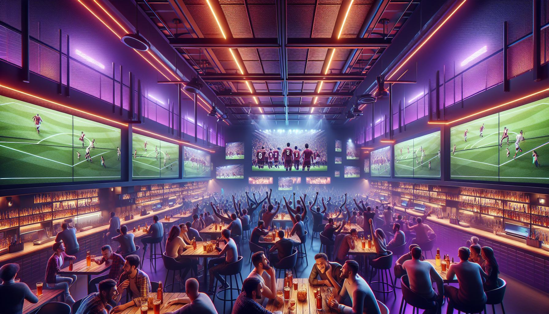Sport bar de BetWarrior lleno de fans viendo deportes y apostando en un entorno moderno.