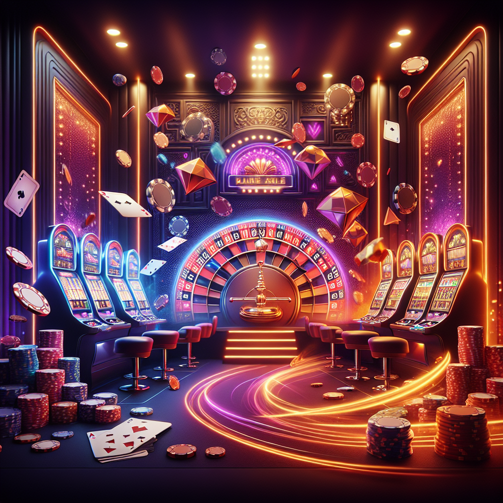 Casino online moderno y vibrante con tragamonedas, cartas y fichas en Betwarrior