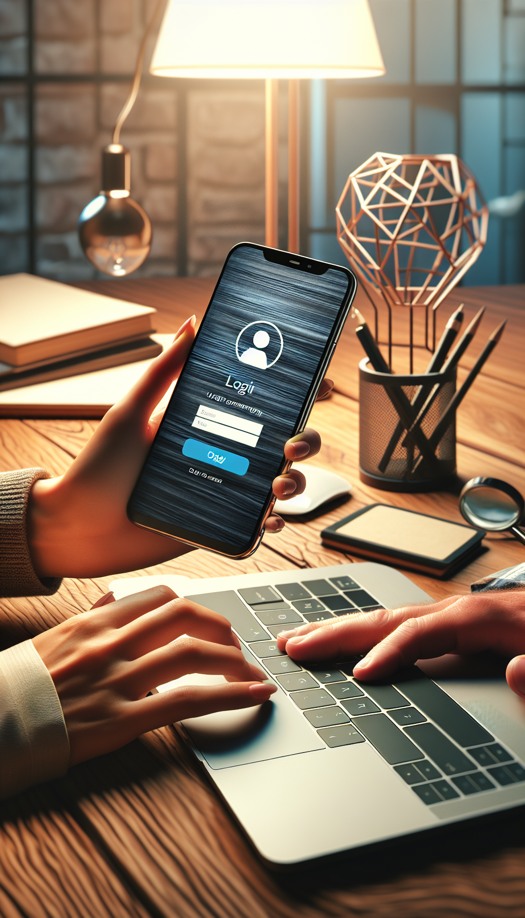 Ingreso a BetWarrior desde app móvil y laptop, ambiente cálido y moderno