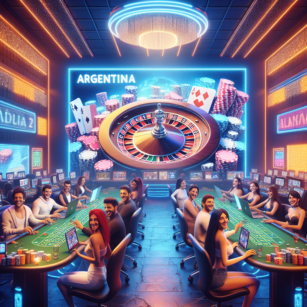 Ilustración de casino online Betwarrior ambientado en Argentina, con jugadores y mesas de juego.