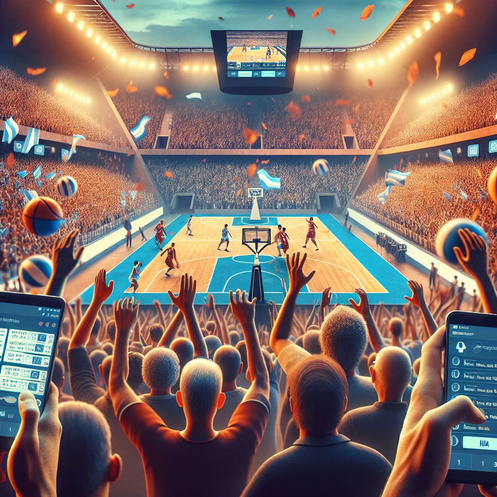 Multitud argentina celebrando en un estadio con dispositivos móviles mostrando BetWarrior PBA